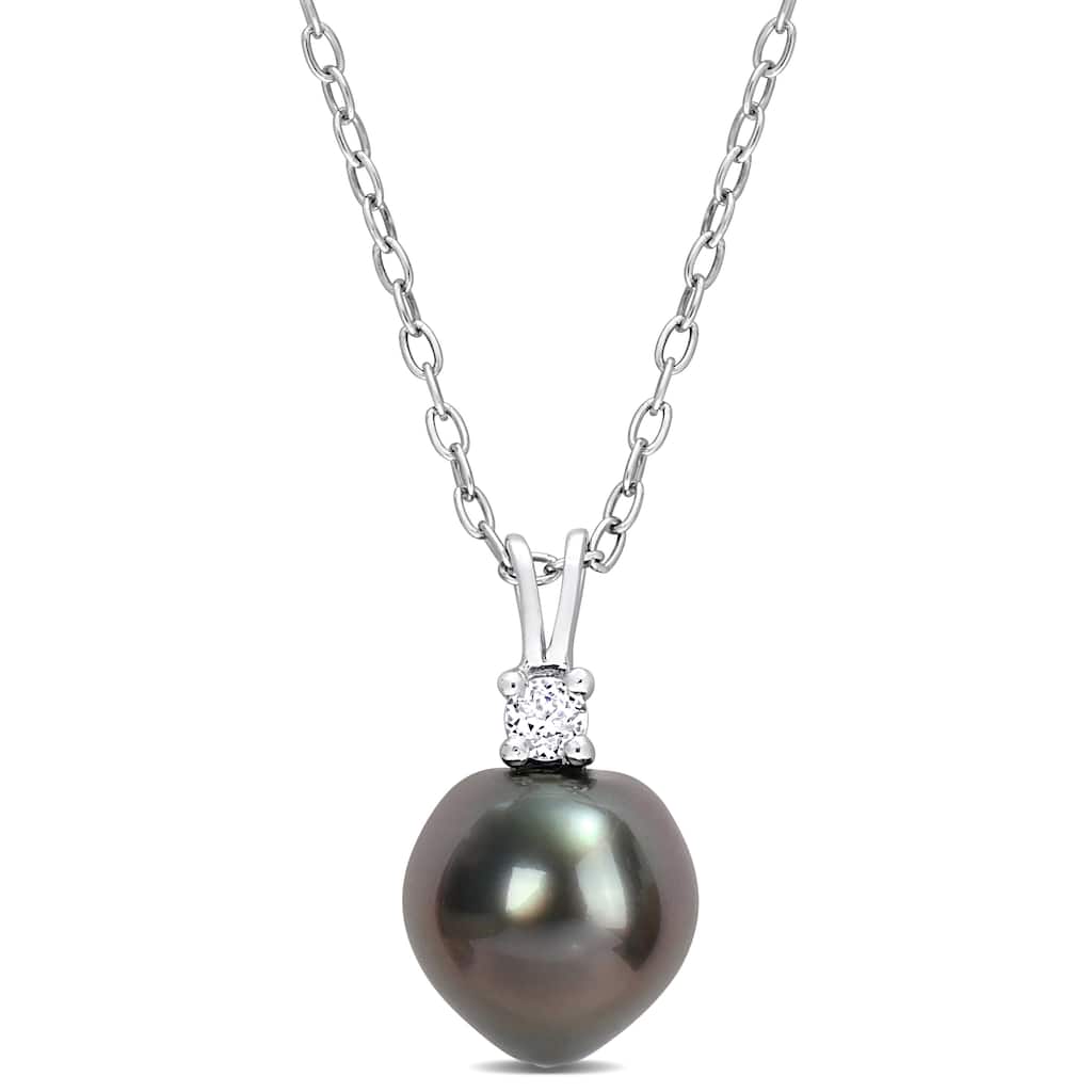 Miadora 8-9mm Black Tahitian Cultured Pearl 1/10 CT TGW White Topaz Necklace Sterling Silver