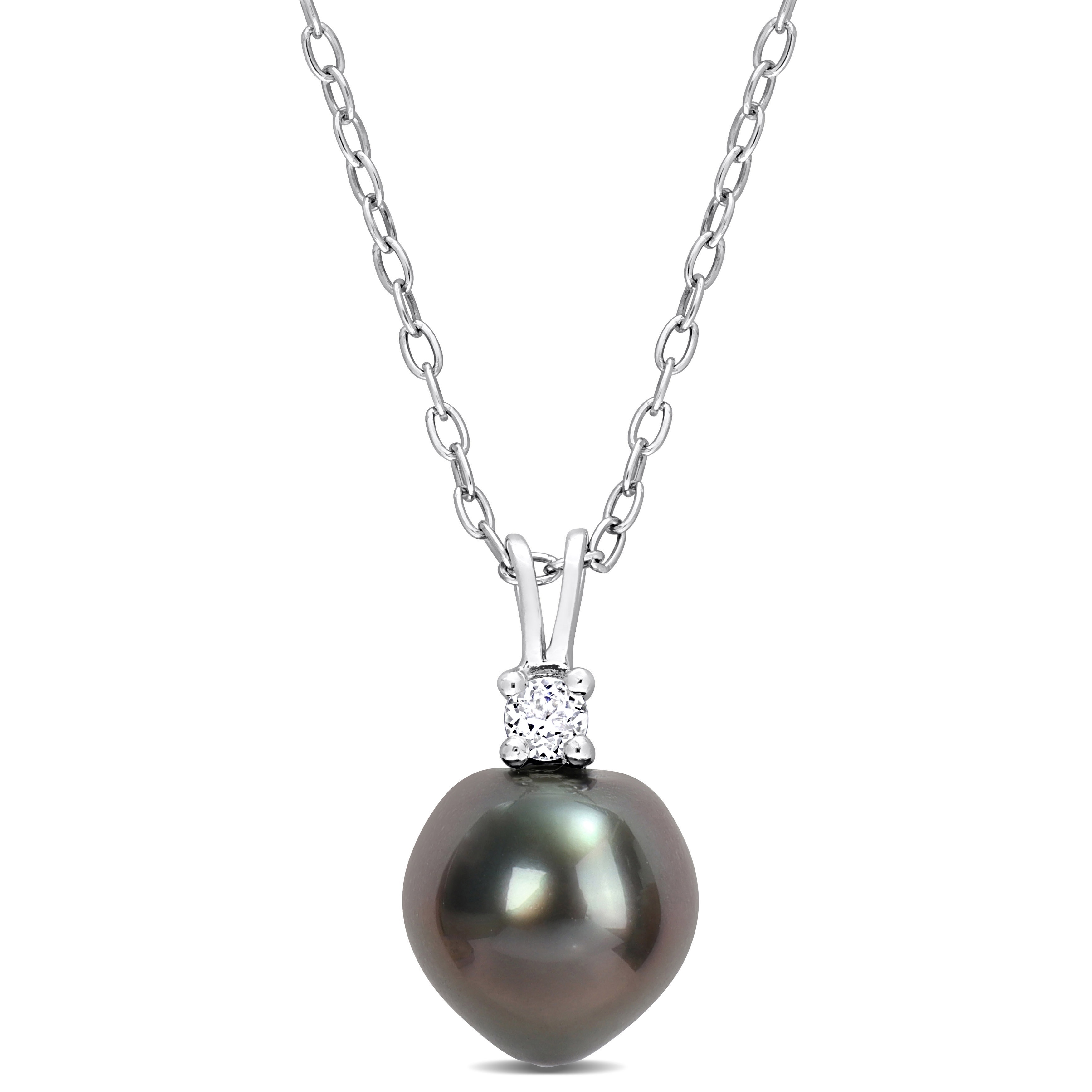 Miadora 8-9mm Black Tahitian Cultured Pearl 1/10 CT TGW White Topaz Necklace Sterling Silver