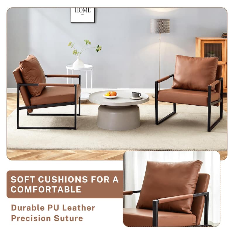 Set of 1 Classic Brown PU Leather and Metal Frame Sofa, A Perfect Blend of Modern and Industrial Styles