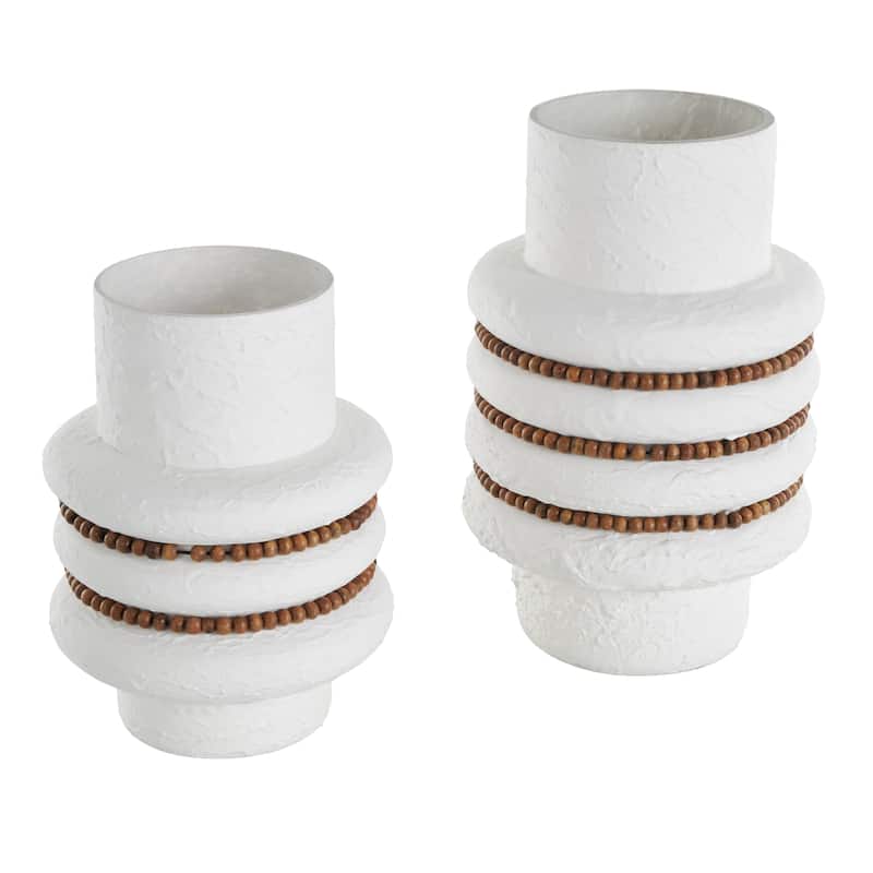 Glass Textured Vase with Brown Wood Beaded Stripes - Set of 2 White - Roche River Decor - 8"W x 8"L x 12"H
