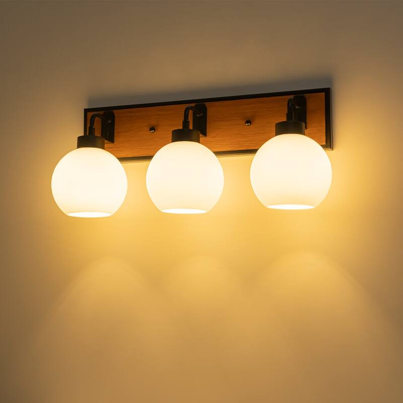 Wood Bathroom Vanity Light Fixture with Milk White Glass
