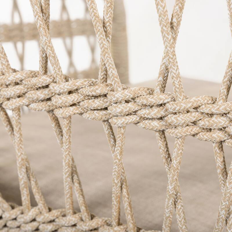 Outdoor Wood and Rope Barstool with Beige Cushion Set of 2