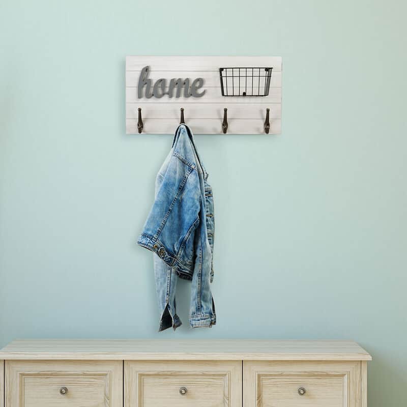 Melannco Home Wall Plaque with Metal Hooks and a Basket, 24 Inch