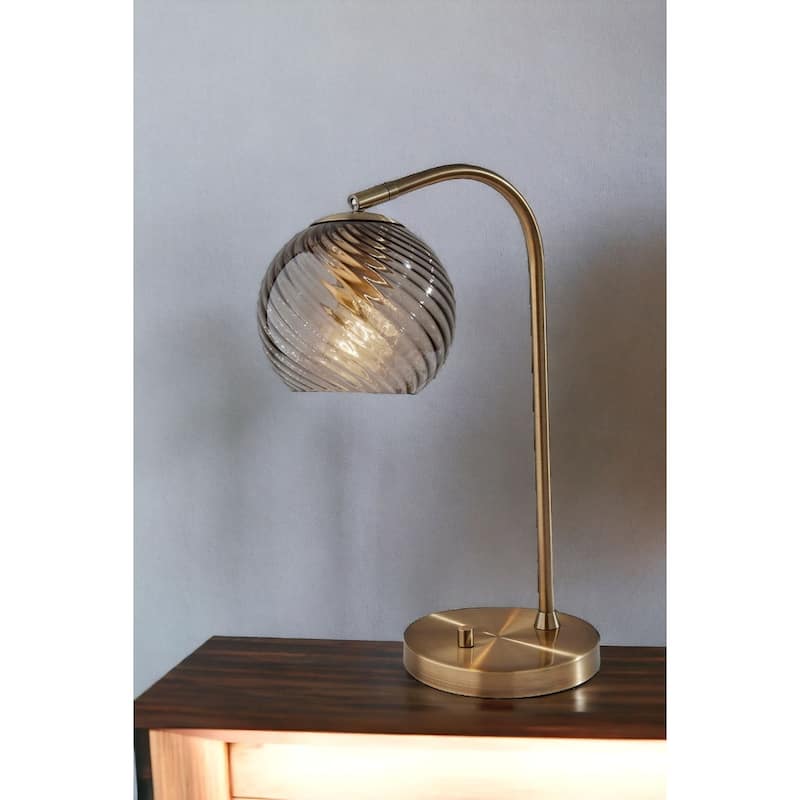 Antiqued Brass Metal Desk Lamp with Light Grey Globe Glass Shade and Socket Switch - 13” x 7.5” x 18.5” (D x W x H)