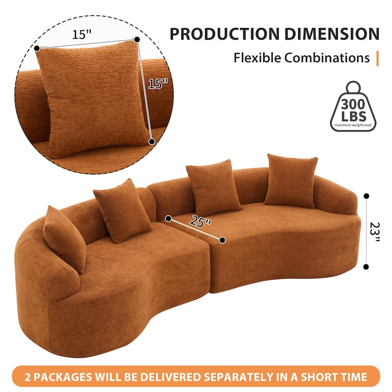 Full Compression Sponge Chenille Curved Sleeper Sofa Couch with 4 Pillows