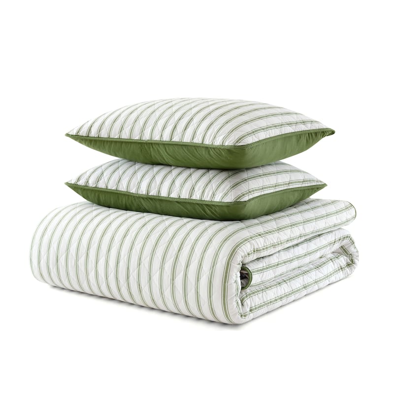 Martha Stewart Ticking Stripe Cotton Reversible Green Quilt Set