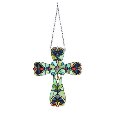 20" x 16" Victorian Design Cross Stained Glass Panel/ Suncatcher