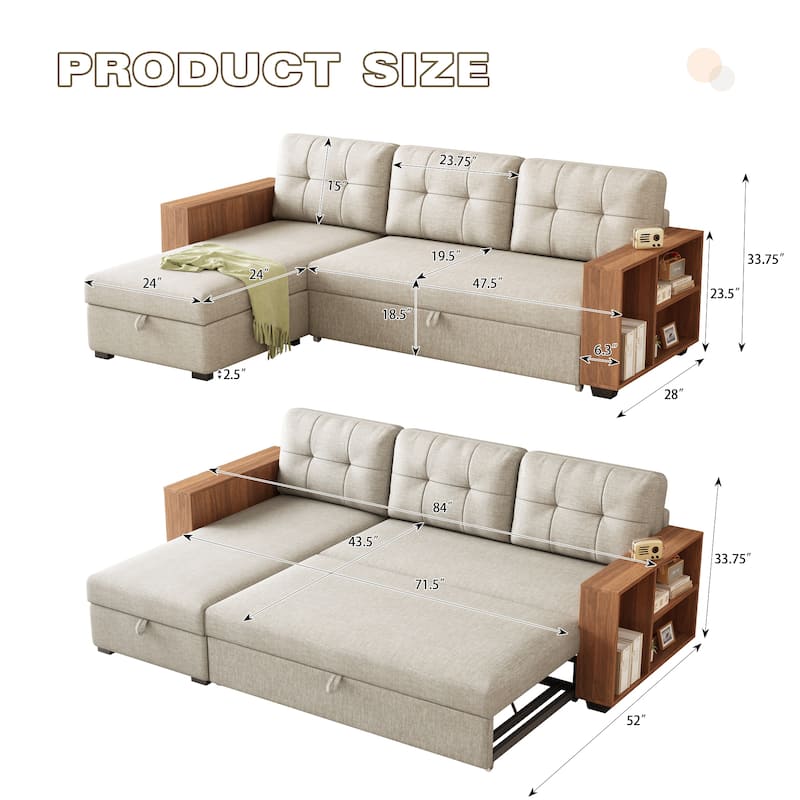 84" Linen Upholstered Sectional Sofa with Wooden Handrails, Pull-Out Bed and Storage Chaise