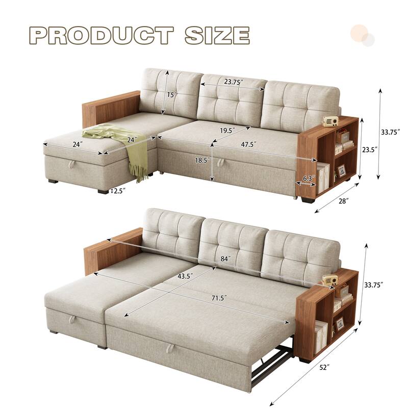 Upholstered Pull Out Convertible Sectional Sofa with Storage Chaise