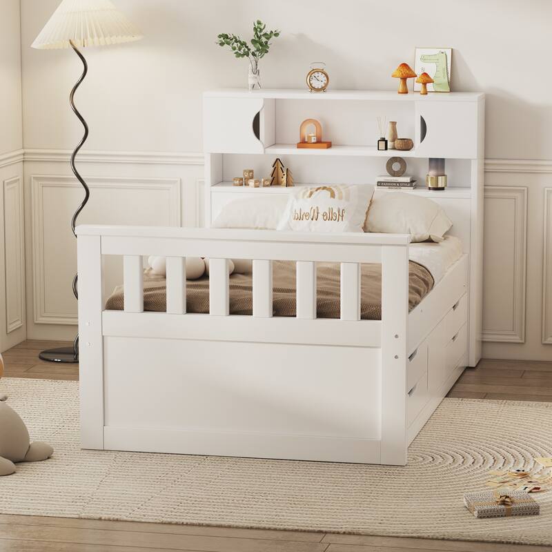 Twin Size Platform Bed Frame with Storage, Bookcase Headboard, Four Drawers, White