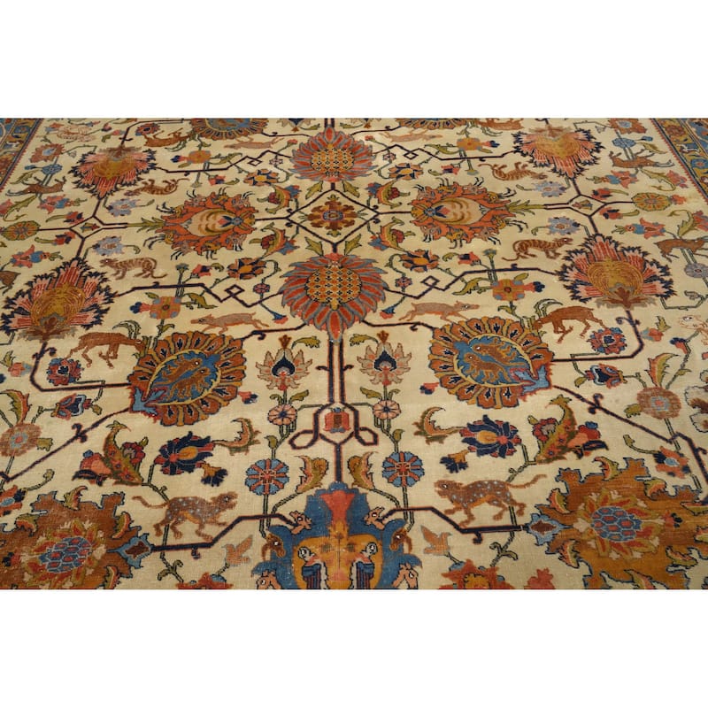 Hand Knotted Oriental 100% Wool Carpet Traditional All-Over Beige & Ivories Tabriz Area Rug - 12' 11'' X 10' 3''