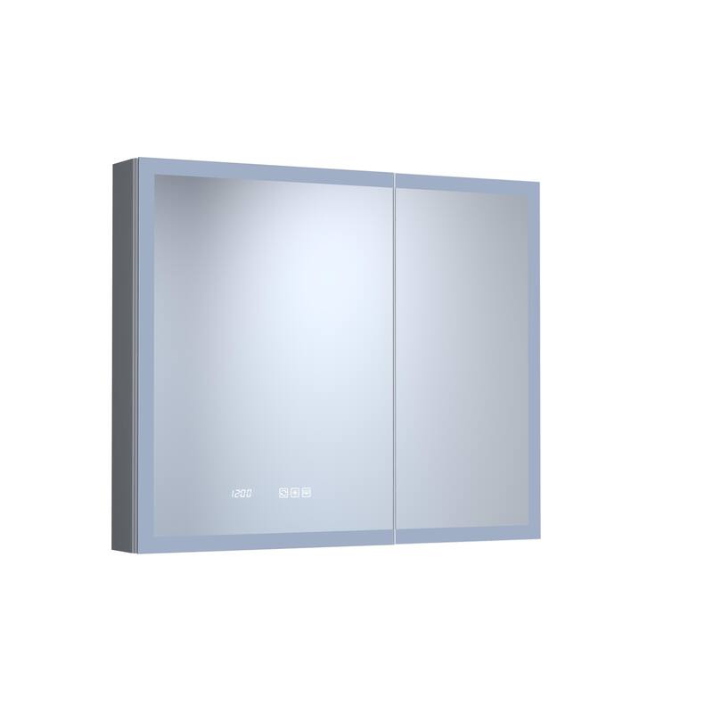 GDFStudio - Delmar Modern Aluminum LED Lighted Medicine Cabinet with Mirror Anti Fog and Digital Clock