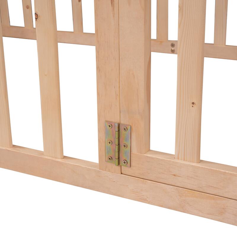 Twin Size Wooden Floor Bed Frame with Fence and Door, Natural Finish