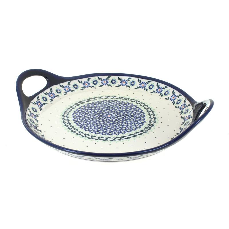 Blue Rose Polish Pottery 1333 Zaklady Round Serving Tray with Handles - Petite Bouquet