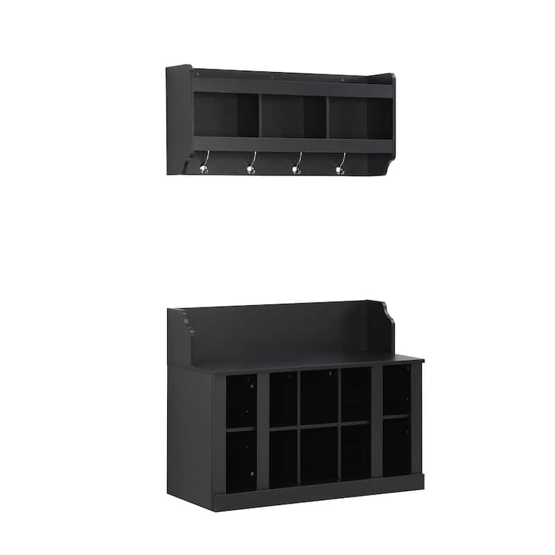 Roomfitters Shoe Storage Bench with Shelves and 4 Hooks, Elegant Hall Tree with Wall Mounted Coat Rack for Entryway