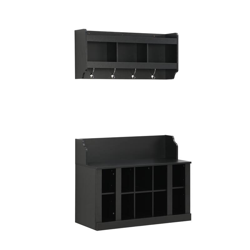 Shoe Storage Rack for Front Door Entrance, Wood Bench Wall Mounted Coat Rack with Shelves, 4 Hooks Hall Tree Shoe Bench