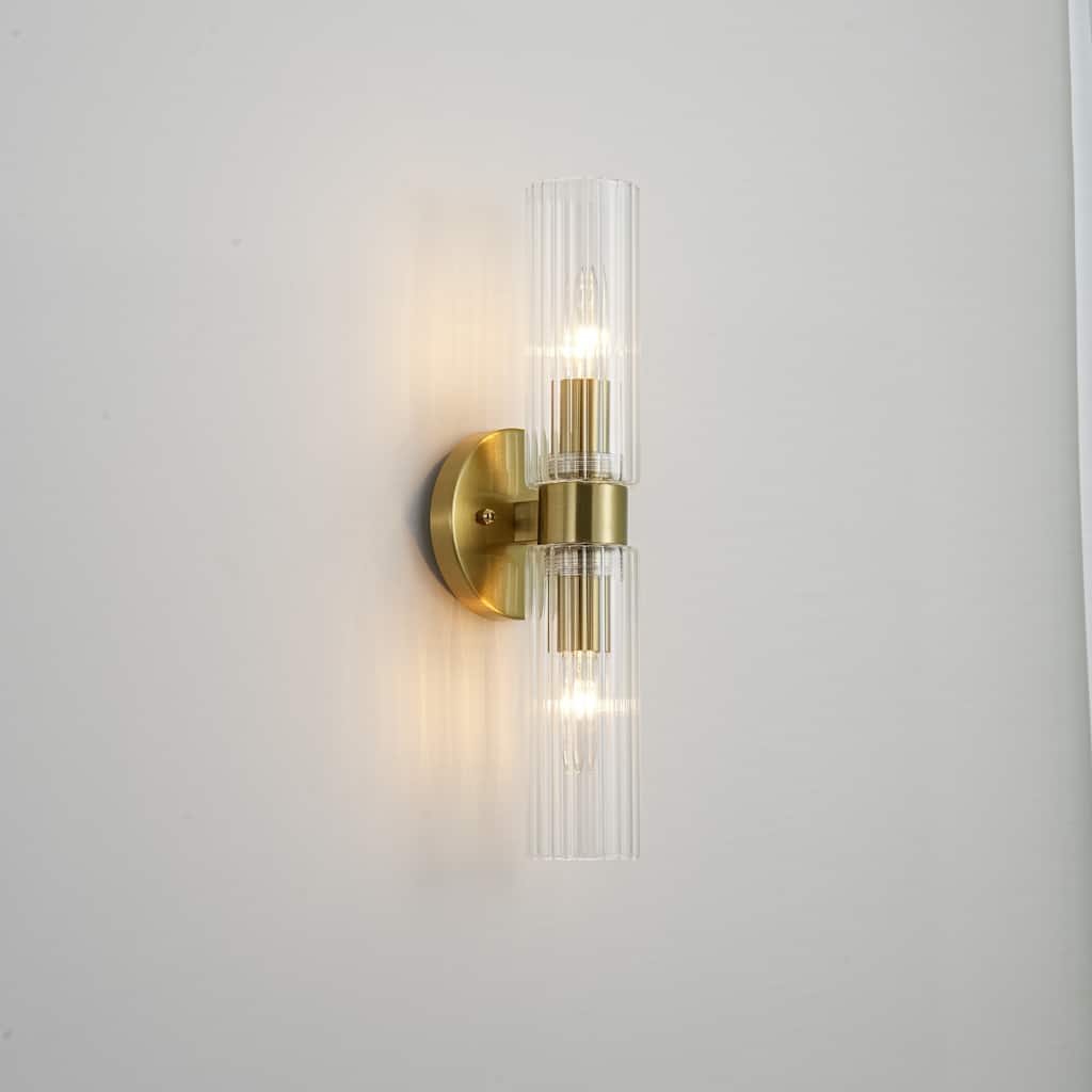 2-Light Modern Luxury Ribbed Glass Tube Gold Wall Sconce for Bedroom - 4.7 in. W x 4.3 in. D x 16 in. H