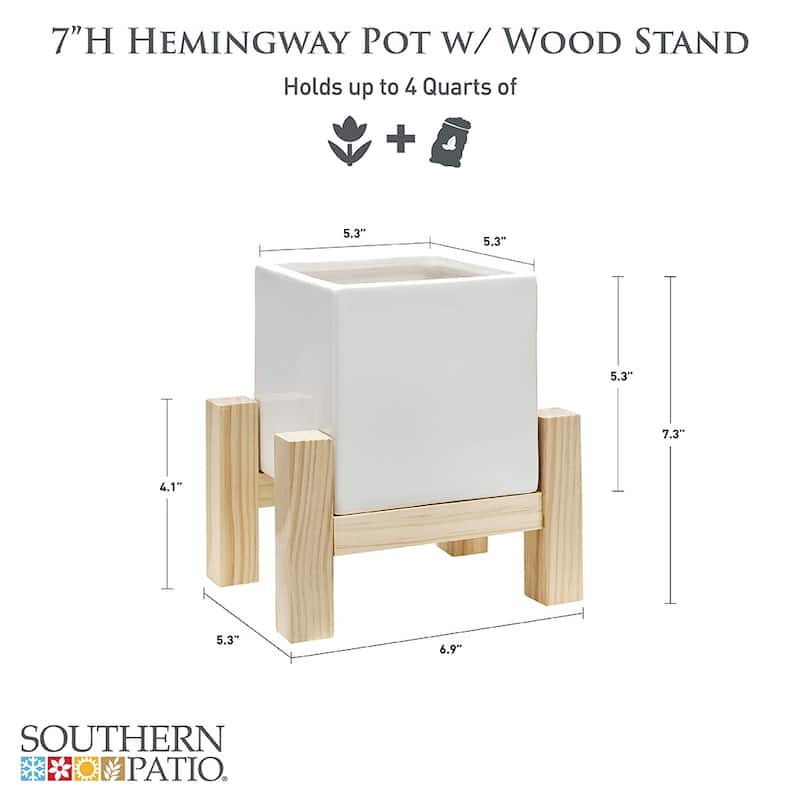 Southern Patio Hemingway Ceremic Square Indoor Planter with Wooden Stand