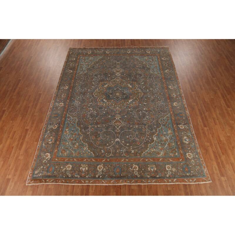 Gray Tabriz Persian Vintage Area Rug Handmade Wool Carpet - 9'10"x 13'1"