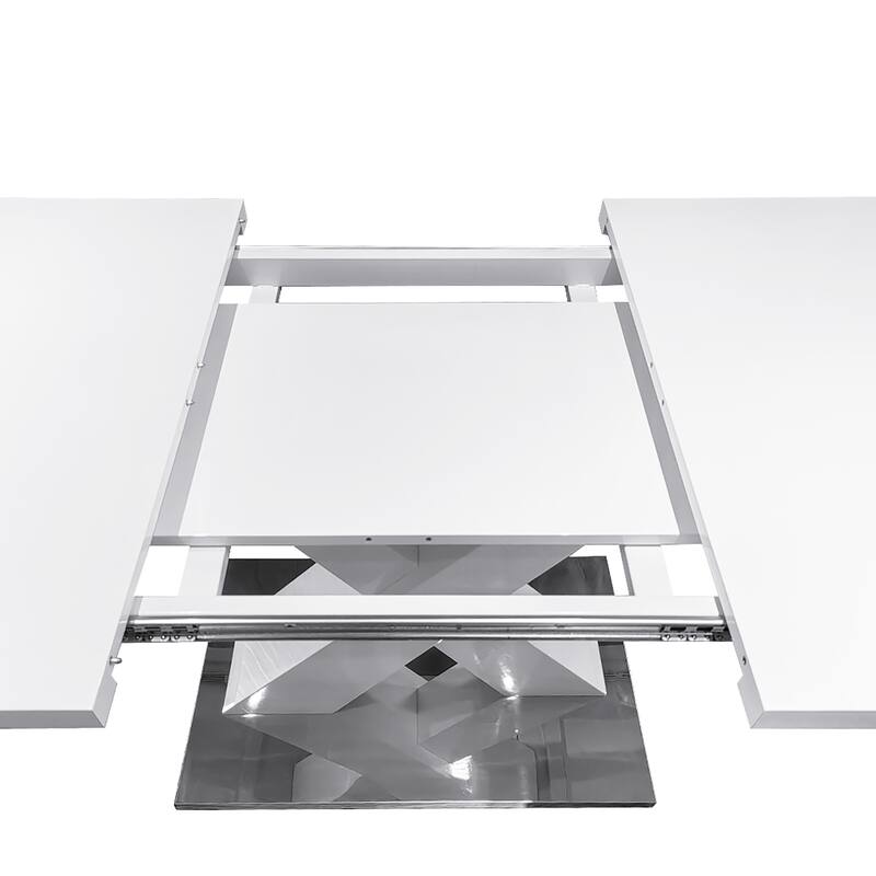 Modern Square Dining Table, Stretchable, with X-Shape Table Leg with Metal Base