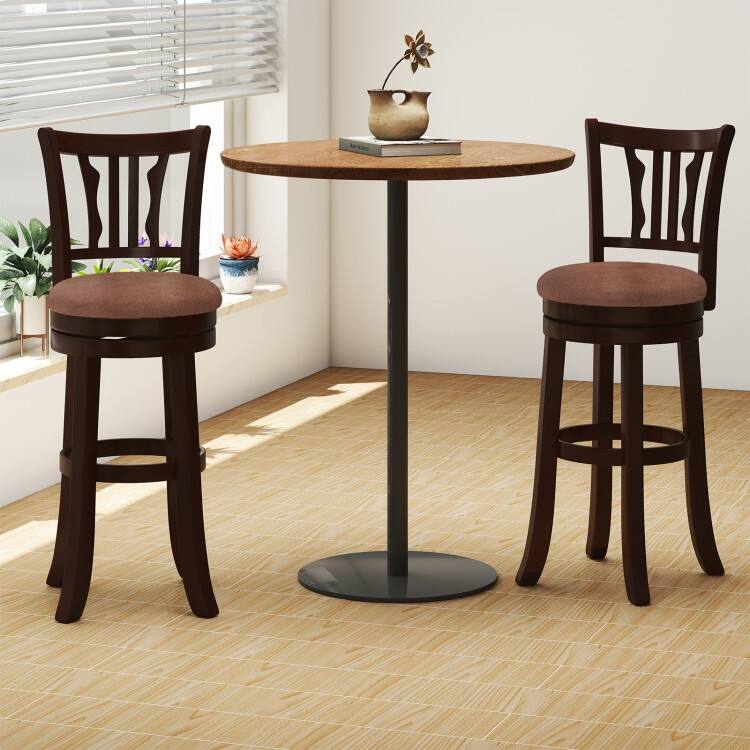 Set of 2 Cappuccino Rubber Wood MDF Faux Leather Swivel Bar Stools with Footrest