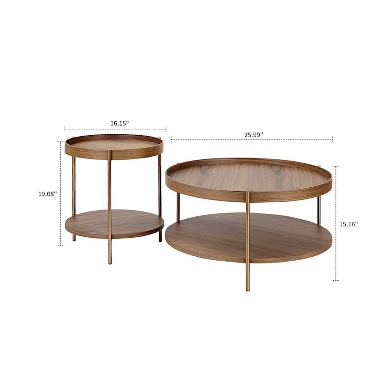 Classic Vintage 2 Piece Wooden Coffee Table Set with Metal Legs