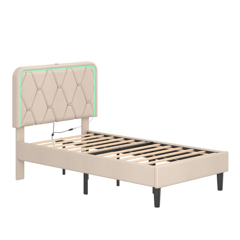 2 Pieces Twin Size Bed Frame with LED Light and Charging Station, Upholstered Platform Bed with Adjustable Height Headboard