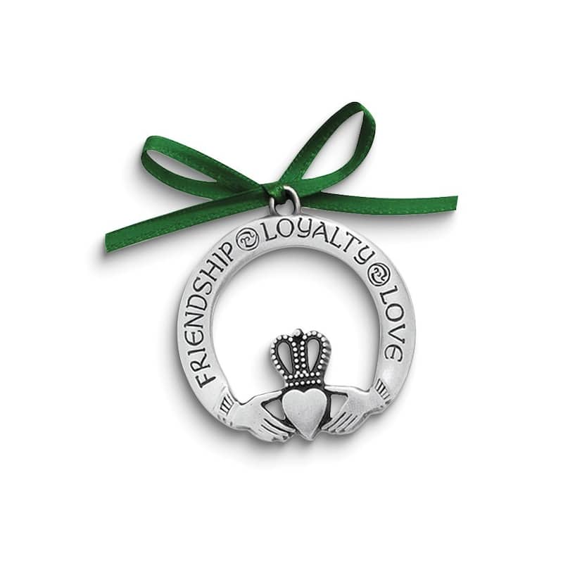 Curata Friendship Loyalty Love Claddagh Silver-Tone Green Ribbon Ornament
