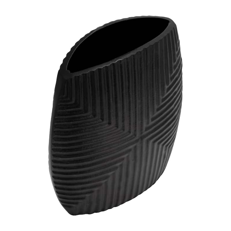 10" Ribbed Metal Vase Contemporary Black Aluminum Decorative Table Vase For Home, Office, Outdoor Decor Accents -