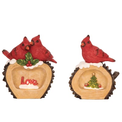 Transpac Resin Light Up Cardinal Wood Cut Decor Set of 2 Christmas Home Decorations