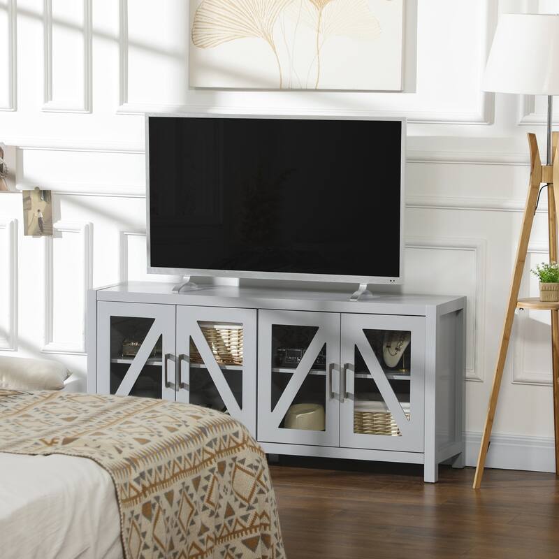51.3" TV Stand with Adjustable Shelves, 4 Glass Doors and 4 Cable Holes for TVs Up to 58"