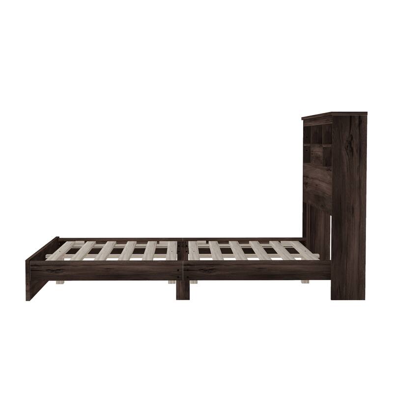 Wooden Platform Bed with Storage Headboard and USB Charging Ports