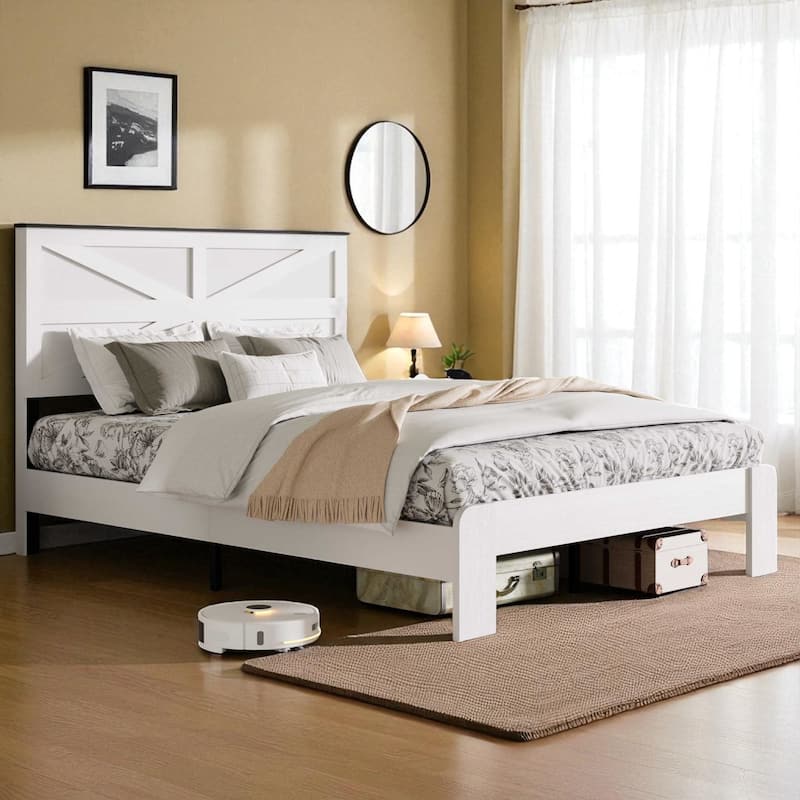 Full/Queen Bed Frame with Wood Headboard and Platform, No Box Spring, Noise Free