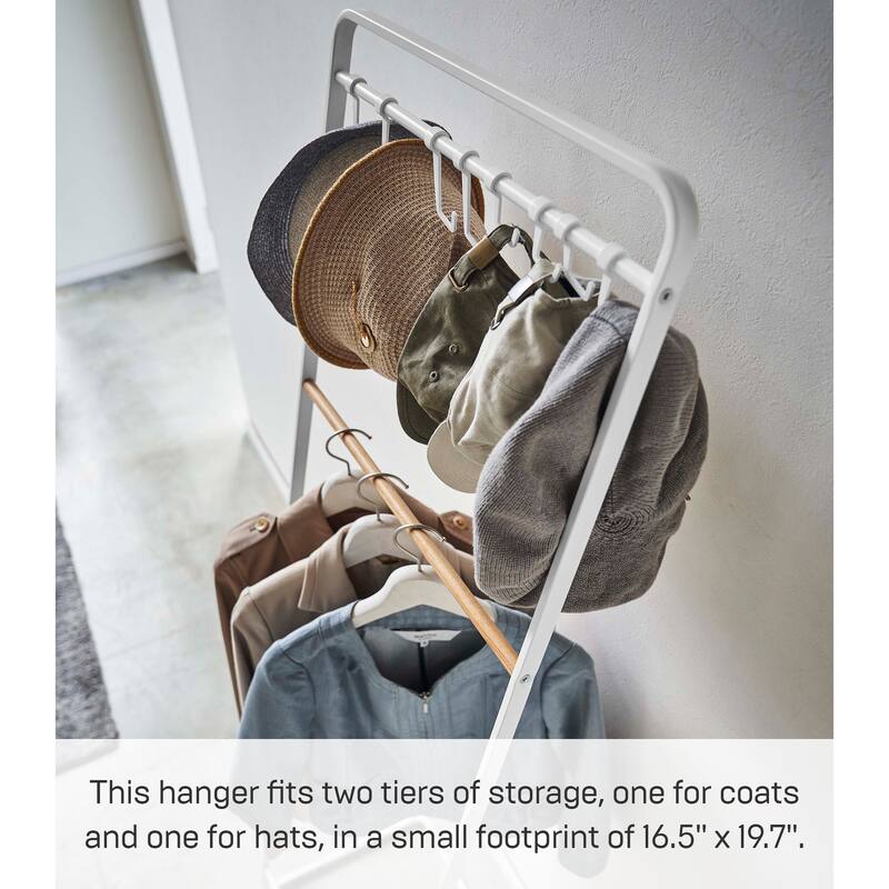 Yamazaki Home Coat Rack with Hat Storage, Steel and Wood - L 16.54 x W 19.69 x H 65.75 inches