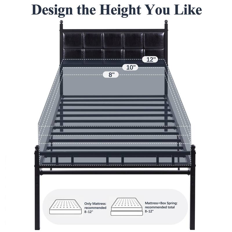 Javlergo Metal Platform Bed Frame Black PU Leather Square Tufted Bed Heavy-Duty Metal Bed Frame No Box Spring Needed