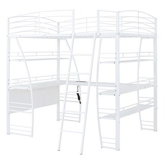 White Curved Guardrail Loft Storage Beds w/ Shelves & L-Shaped Desk, Full Platform Bed w/ USB Ports, Sockets, Wireless Charging