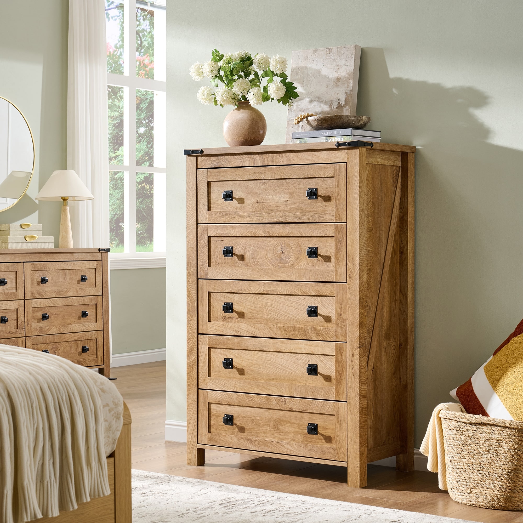 5 drawer wood dresser Farmhouse for Bedroom, 48" Tall Dresser for Living Each drawer is flush with each other 48" Tall Farmhouse 5 Drawer