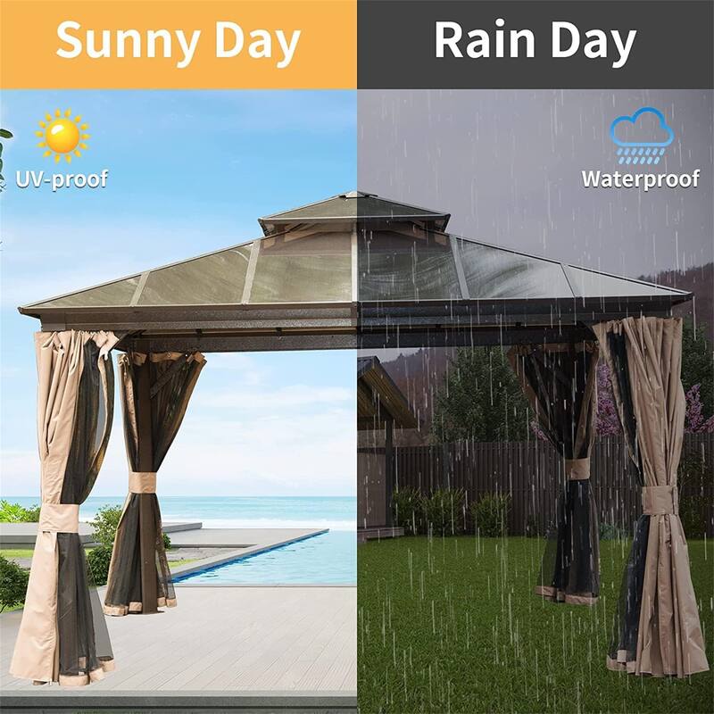 GDFStudio - Everett Permanent Outdoor Gazebo Pavilion with Double Roof and Full Privacy Setup