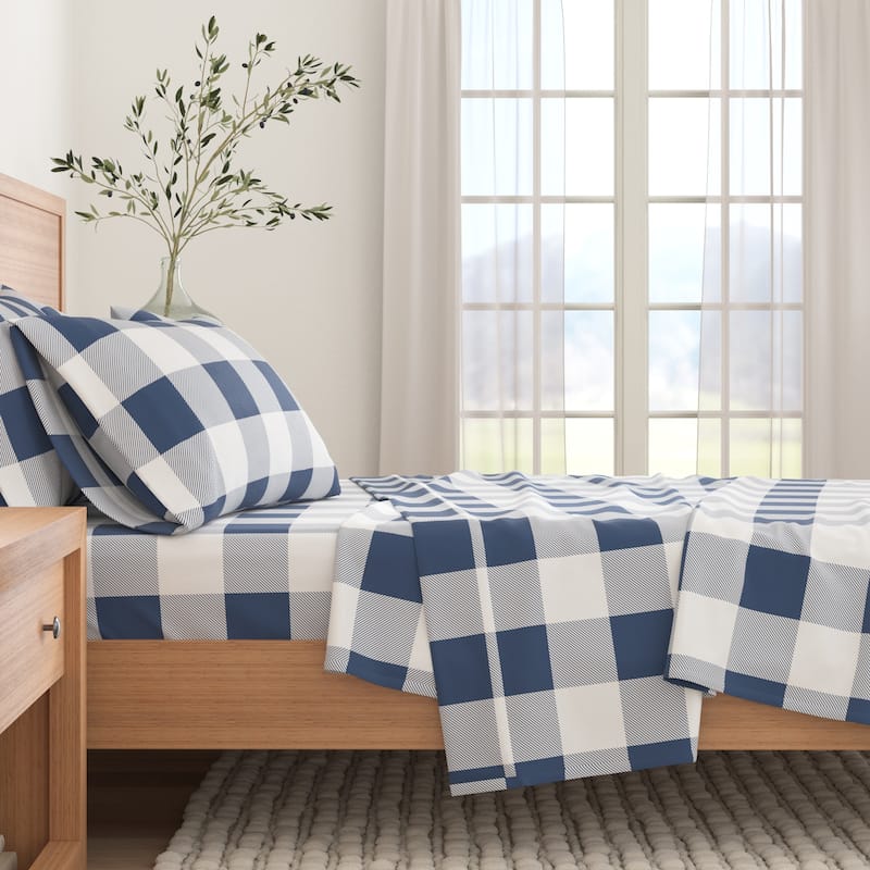Linery & Co. Turkish Cotton Double-Brushed Printed Flannel Bed Sheet Set - Full - Buffalo Check - Navy