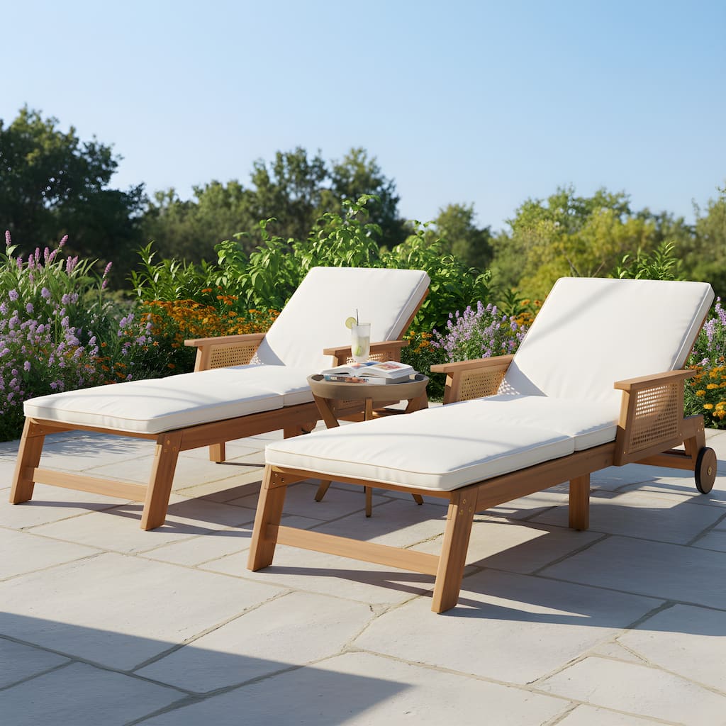Christopher Knight Home - Outdoor Acacia Wood Adjustable Chaise Lounge with Cushion and Concrete & Acacia Side Table