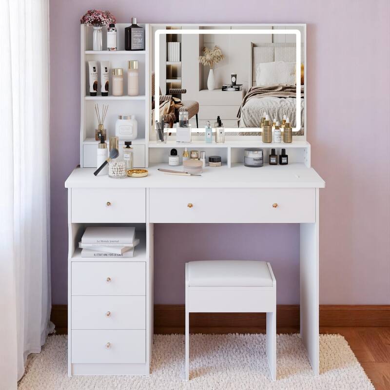 KISRAIS 41" Large Size Fashion Vanity Desk with Mirror and Lights, 3 Color Lighting Brightness Adjustable - White