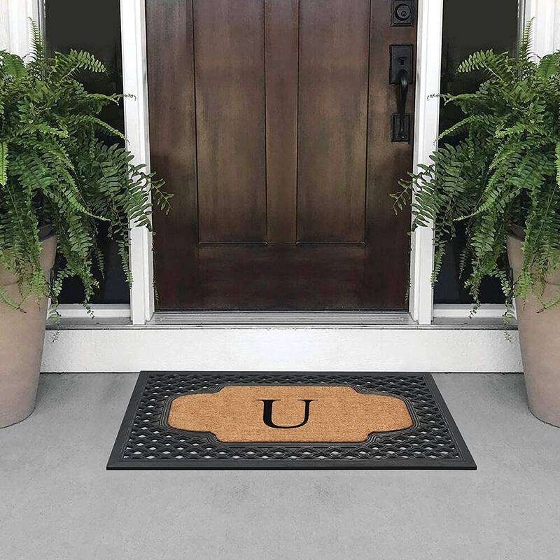A1HC Mesh Border Rubber and Coir Large Heavy-Duty Outdoor Monogrammed Doormat, 23"X38" Black
