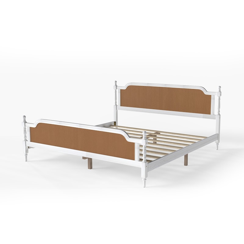 Wooden Platform Bed Bed Frame w/Hand-Woven Rattan Headboard & Footboard, Boho and Mid Century Style Bed Frame, Solid Pine Wood