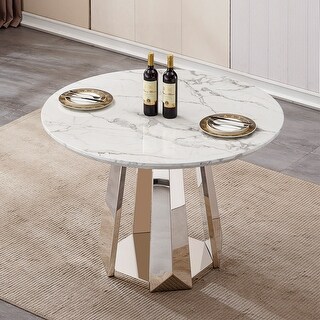 47" Round Marble Dining Table with Stainless Steel Base - Bed Bath ...