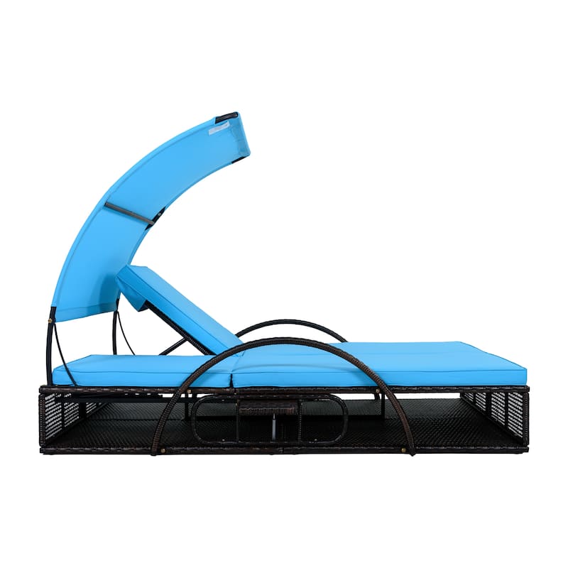 Outdoor Steel Frame Sun Lounger with Adjustable Backrest,Patio Double Sunbed with Hidden Side Table and Arched Armrests