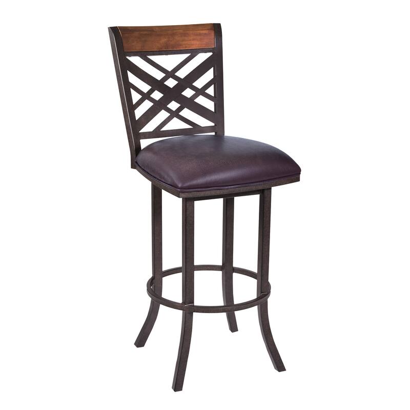 Transitional Swivel Bar Stool with Auburn Finish, Brown Faux Leather Seat and 360 Degree Motion for Modern Kitchens