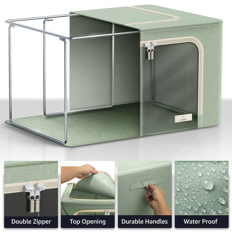 Sorbus Storage Bins with Metal Frame Stackable Foldable Clothes Organizer Bags Oxford Fabric With Clear Window & Handles- 4Pk