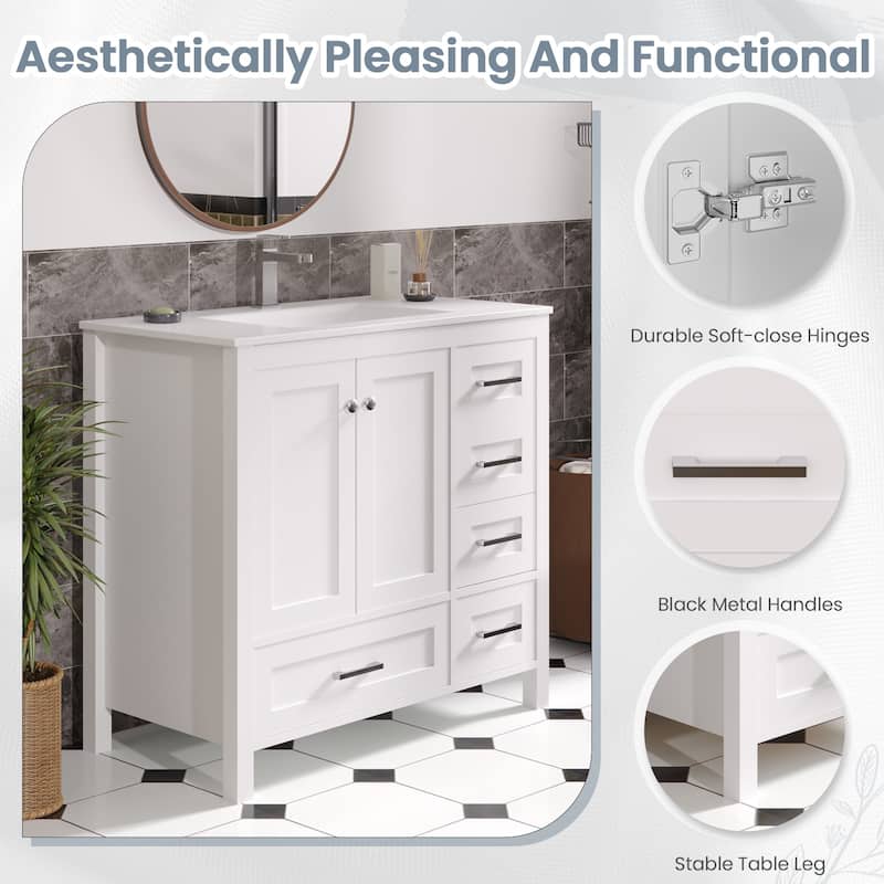 EROMMY All-in-One Bathroom Vanity with Ceramic Sink, Soft-Close Storage Cabinet & Drawer, Glossy Countertop, White