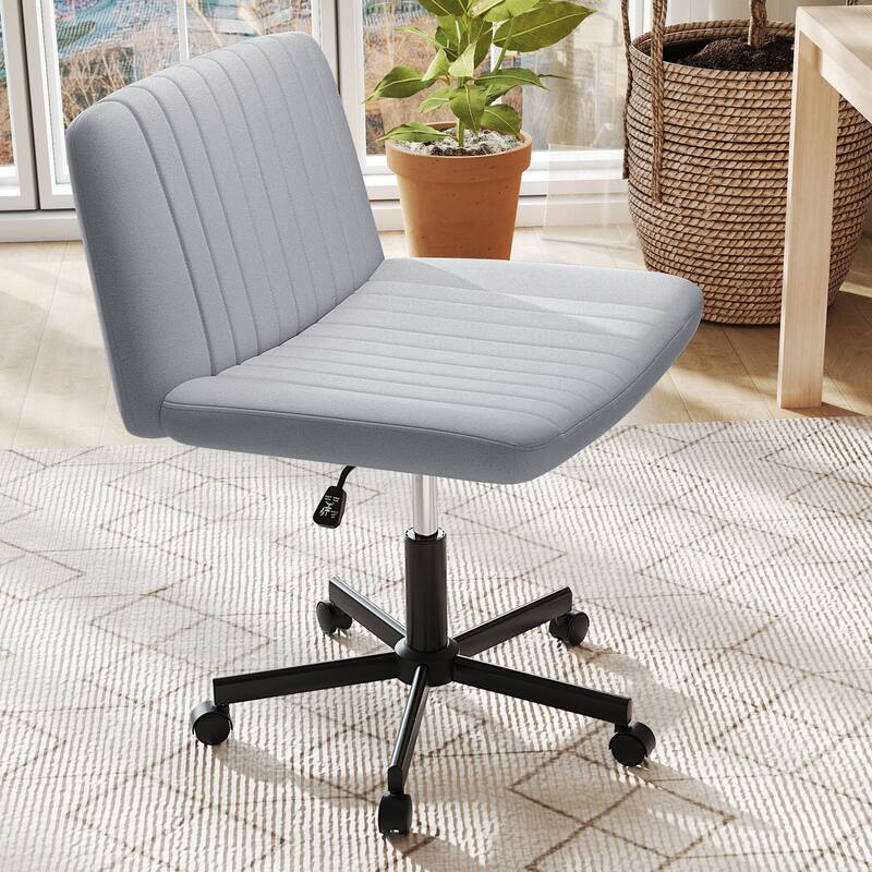 Extra Wide Armless Desk Chair with Adjustable Height and Linen Upholstery Criss Cross Swivel Base - Grey-Black