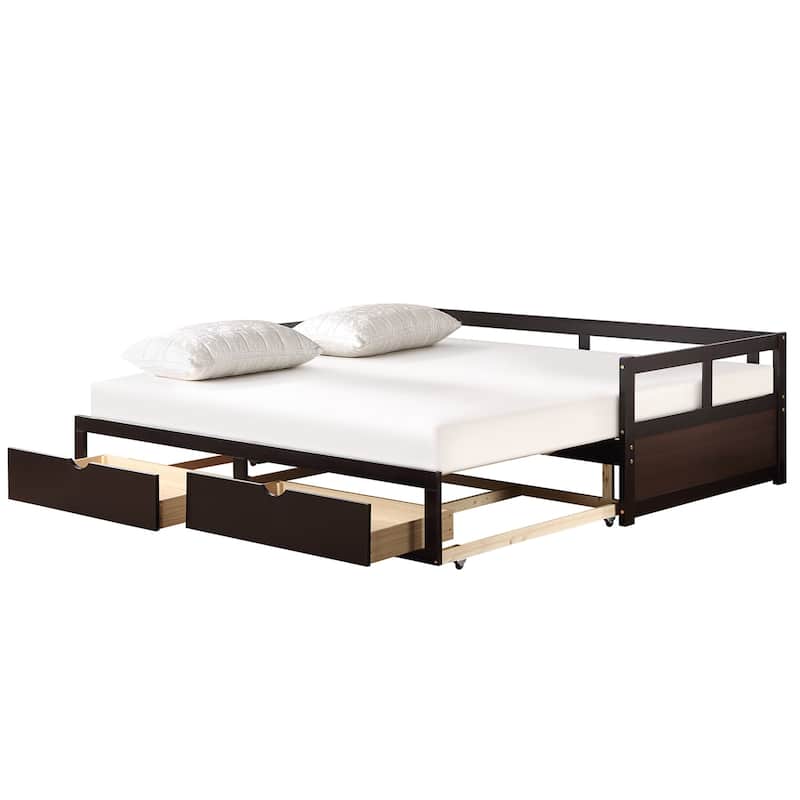 Wooden Extendable Daybed with Trundle Bed and 2 Storage Drawers